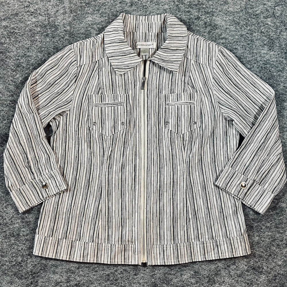 Christopher & Banks Zip Jacket Women's S White Black Stripe‎ Casual Chic Cotton